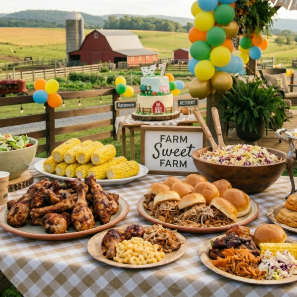 birthday party food at farmhouse